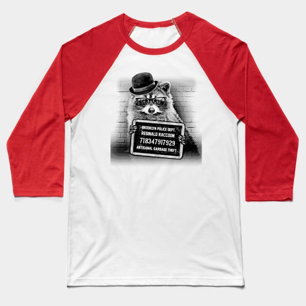 Brooklyn Raccoon Mugshot Baseball T-Shirt by UselessRob